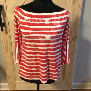 Peck & Peck Red and White Striped Off-Shoulder Tunic with Bell Sleeves